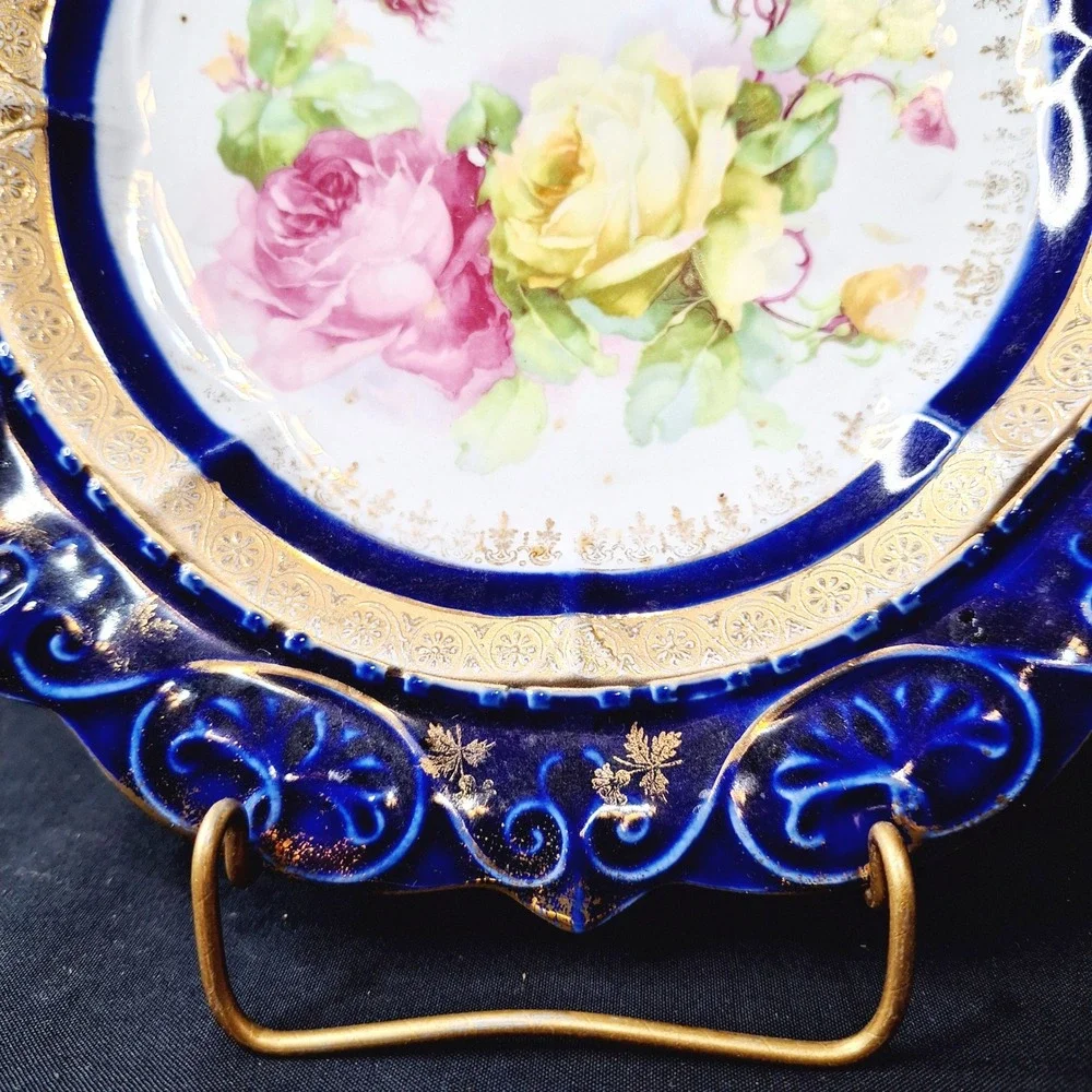 Antique Cobalt Blue Porcelain Cabinet Plate Gold Gilt Floral Roses Embossed 9.5